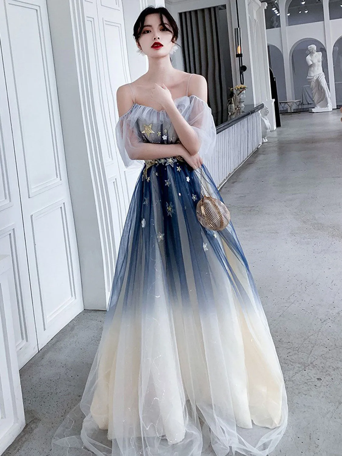 Blue Aline tulle long prom dress blue tulle formal dress