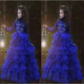 Blue Halter Long Sleeve Lace Tulle Flower Girl Dresses With Ruffles, TYP0769