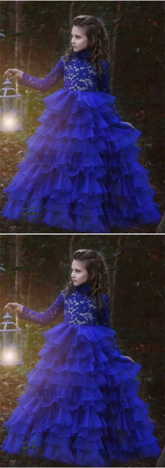 Blue Halter Long Sleeve Lace Tulle Flower Girl Dresses With Ruffles, TYP0769