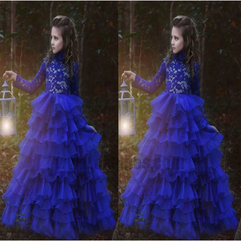 Blue Halter Long Sleeve Lace Tulle Flower Girl Dresses With Ruffles, TYP0769