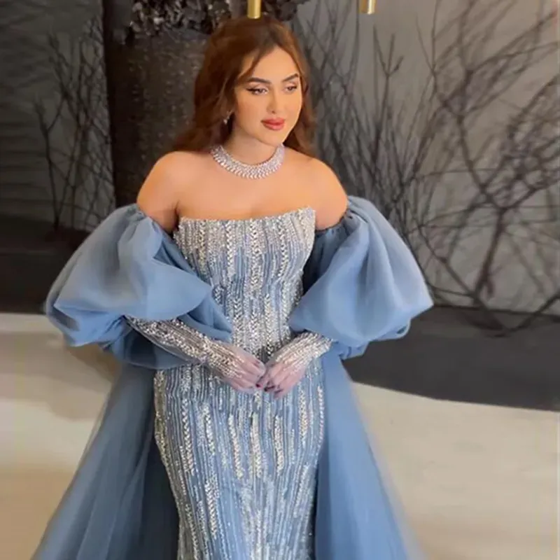 Blue Mermaid Evening Dress Puff Detachable Sleeve Luxury Dubai Prom Dress,DP509