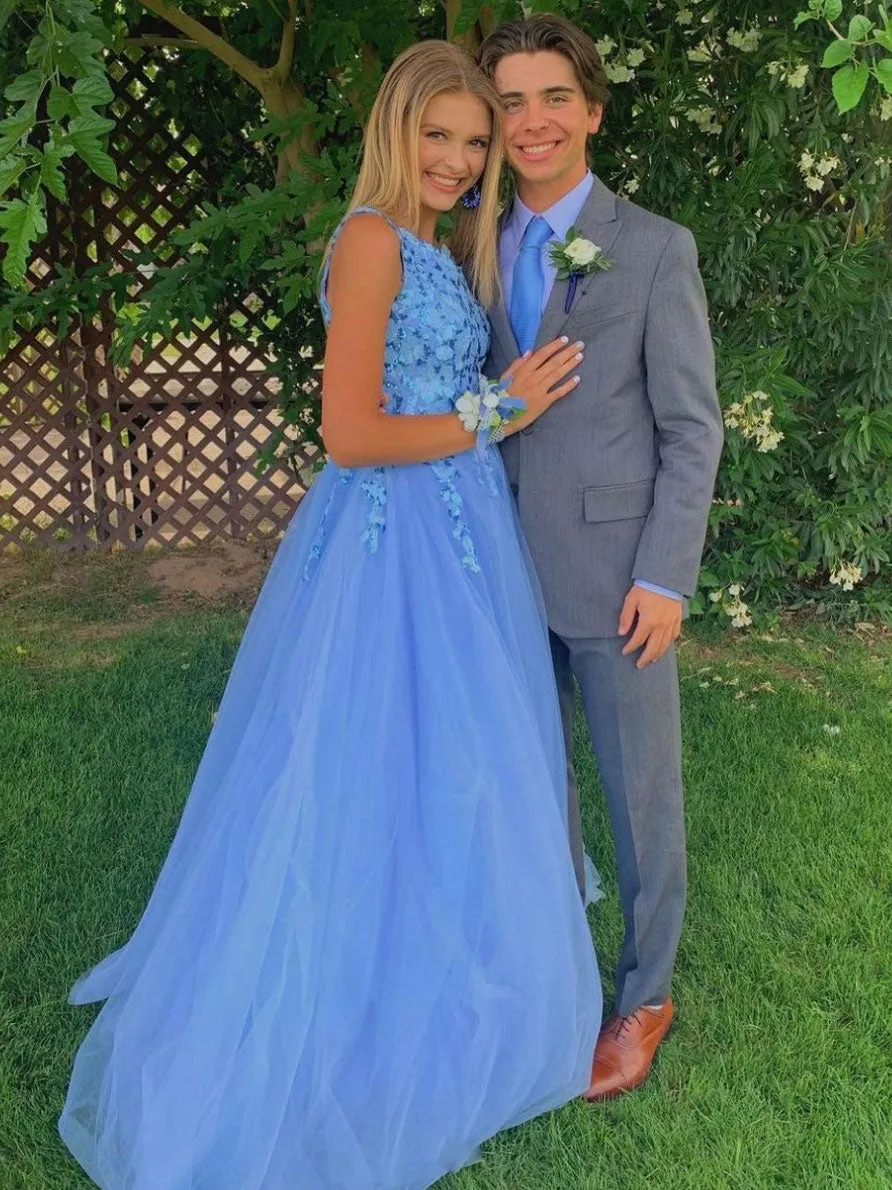 Blue one shoulder sequin tulle long prom dress blue evening dress