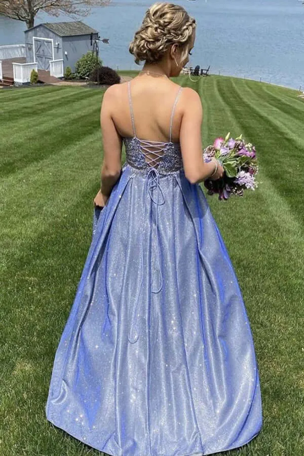 Blue Satin A-line Beaded Long Prom Dresses, Lace Appliqued Evening Gown, SP768