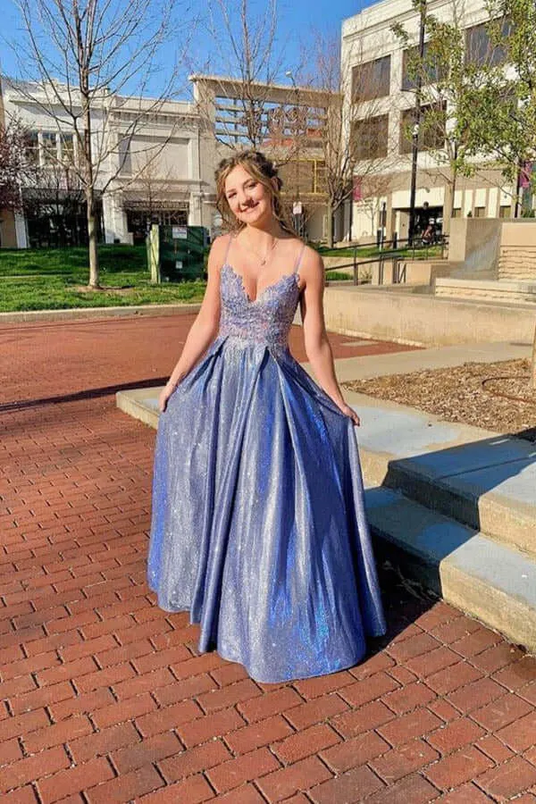 Blue Satin A-line Beaded Long Prom Dresses, Lace Appliqued Evening Gown, SP768