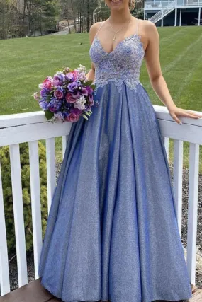 Blue Satin A-line Beaded Long Prom Dresses, Lace Appliqued Evening Gown, SP768