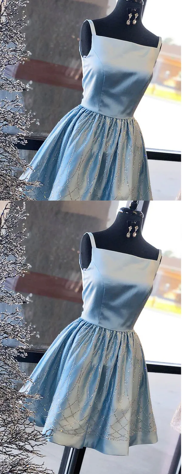 Blue Satin Beading Square Neck Sleeveless Homecoming Dresses ,HD0021