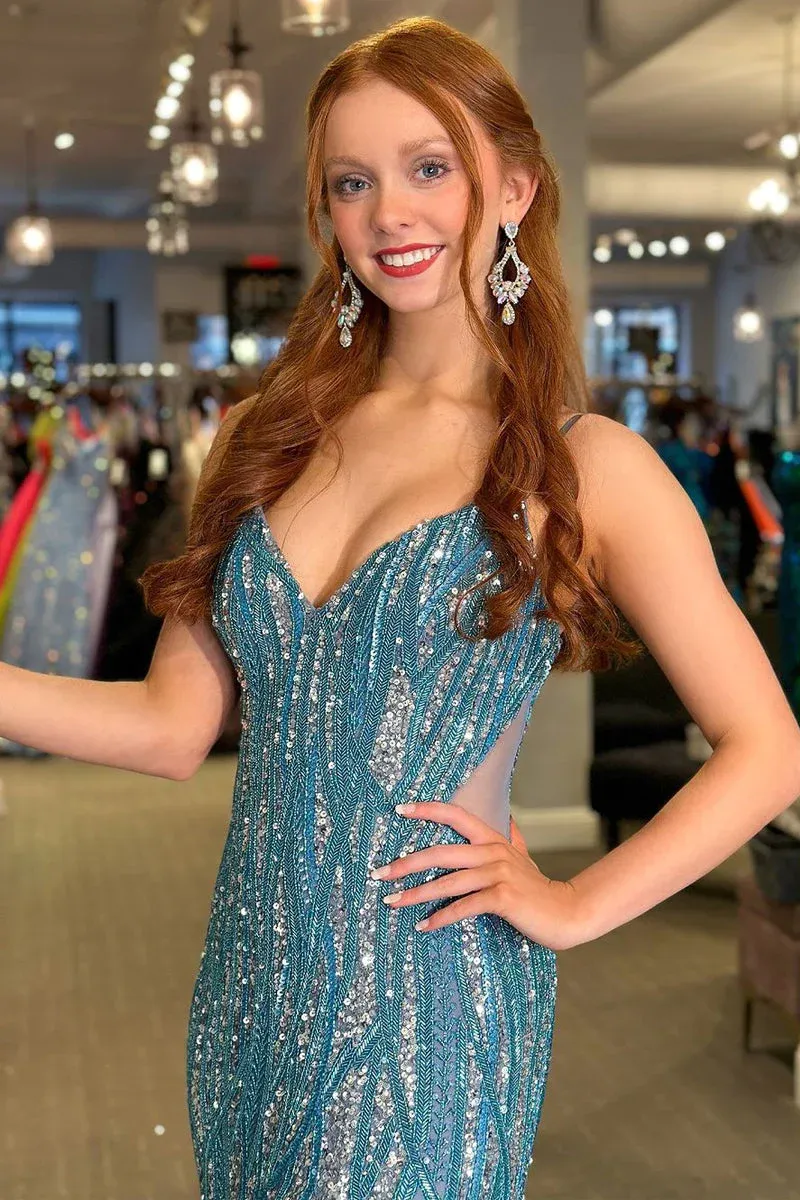 Blue Sequins Mermaid V Neck Long Prom Dress with Slit, DP2139