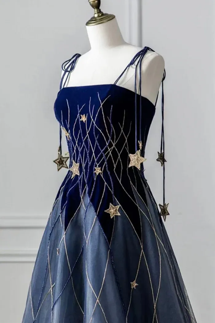 Blue Spaghetti Strap Long Prom Dress with Star, Blue Evening Party Dress, DP3184