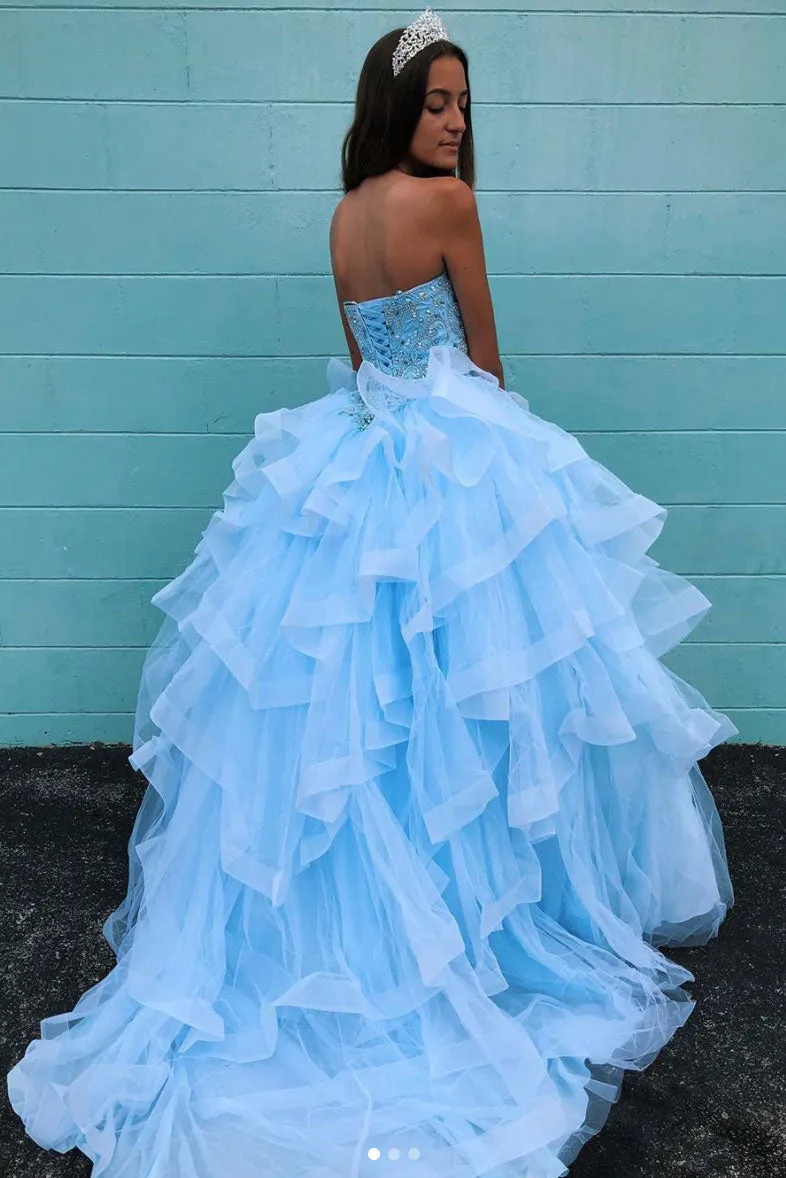 Blue sweetheart neck tulle beads long prom dress, blue evening dress