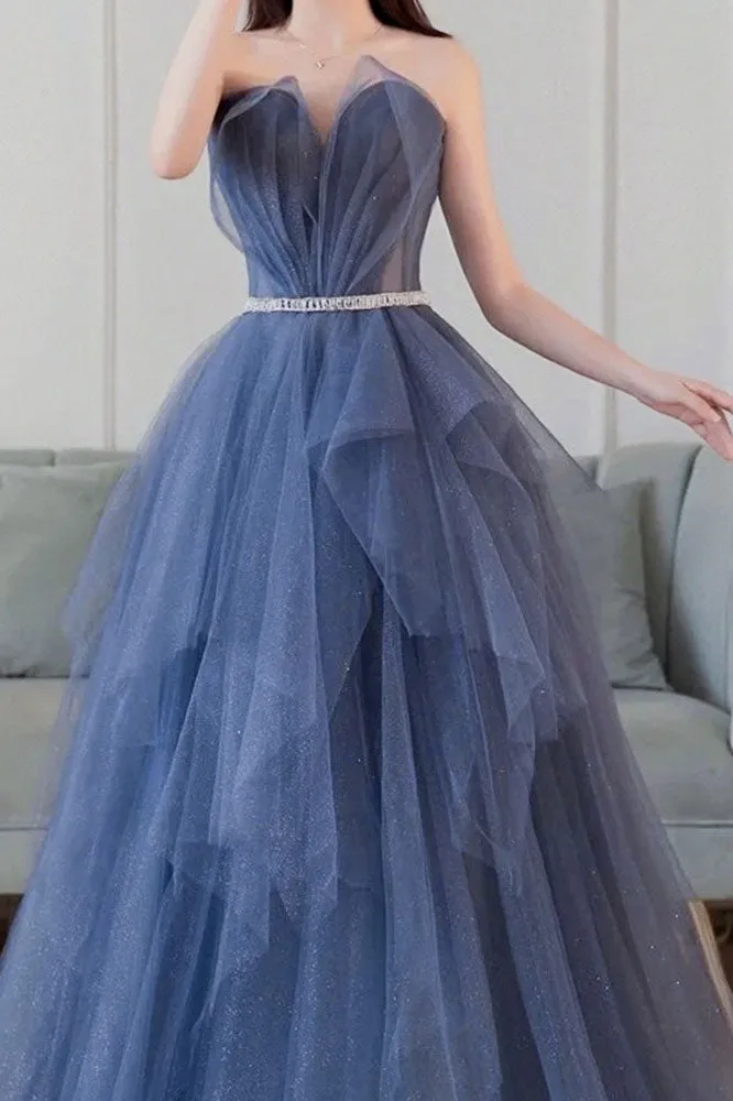 Blue sweetheart neck tulle long prom dress blue tulle formal dress