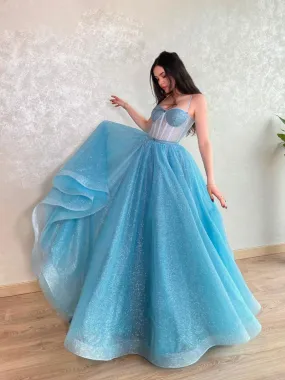 Blue sweetheart neck tulle sequin long prom dress, blue formal dress