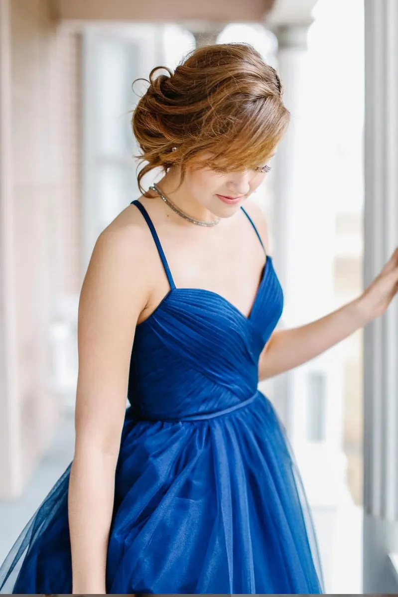 Blue sweetheart tulle long prom dress, blue evening dress