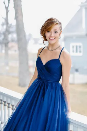 Blue sweetheart tulle long prom dress, blue evening dress