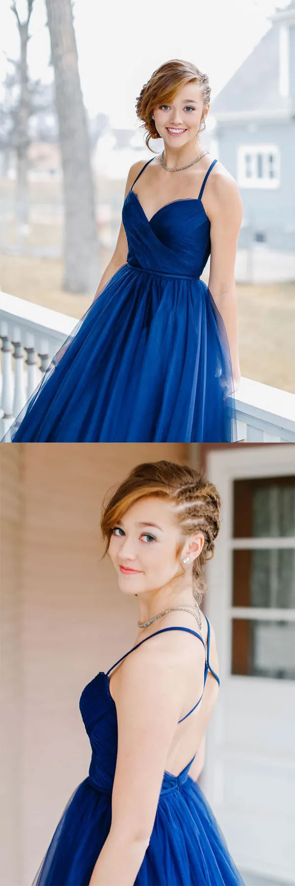 Blue sweetheart tulle long prom dress, blue evening dress