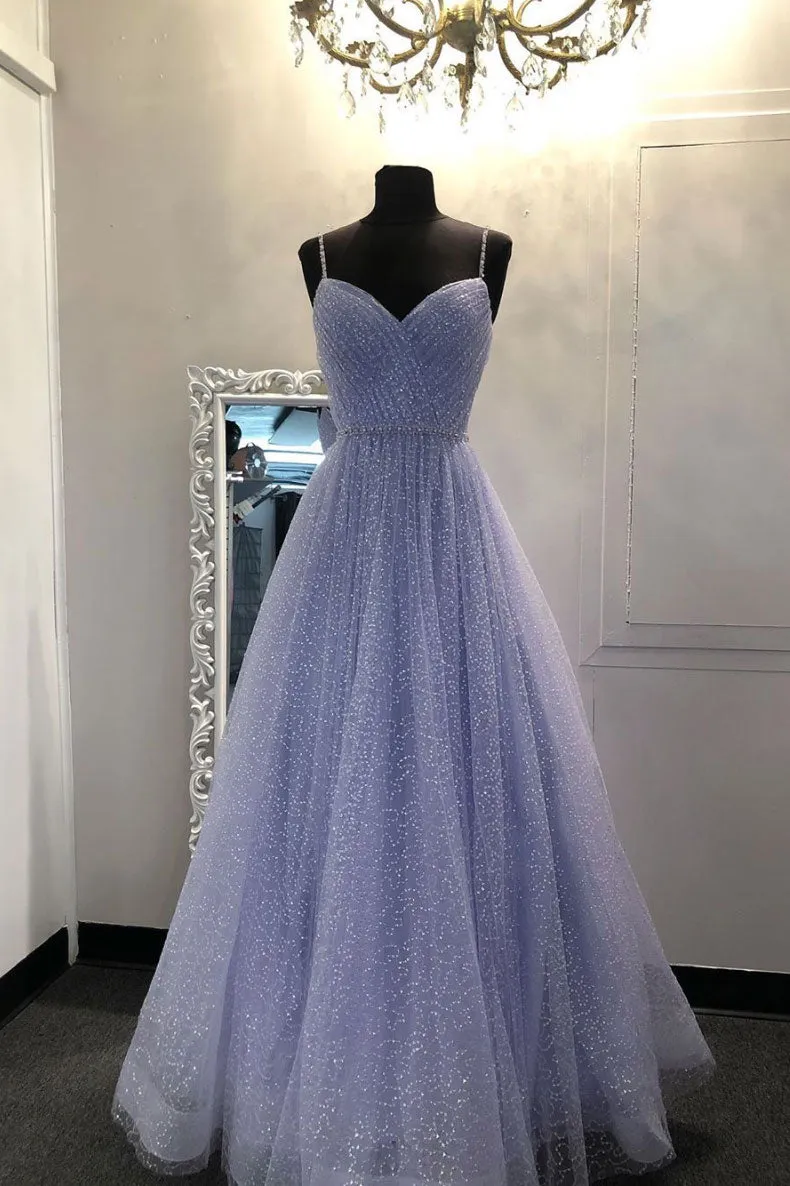 Blue sweetheart tulle sequin long prom dress blue formal dress