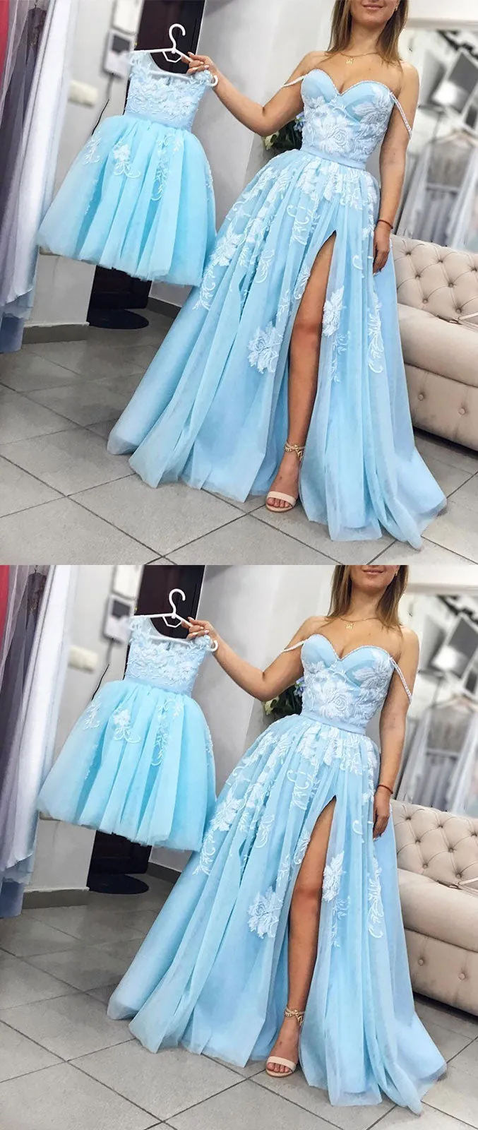 Blue tulle lace long prom dress, blue tulle lace evening dress