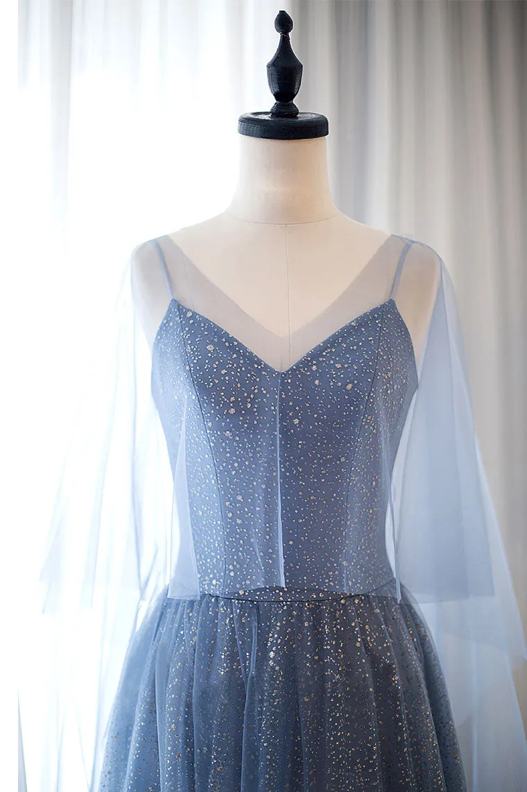 Blue tulle long prom dress, blue tulle evening dress