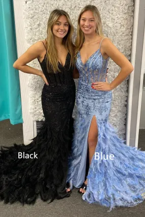 Blue Tulle Sequin V-Neck Mermaid Long Prom Gown with Feathers,DP819