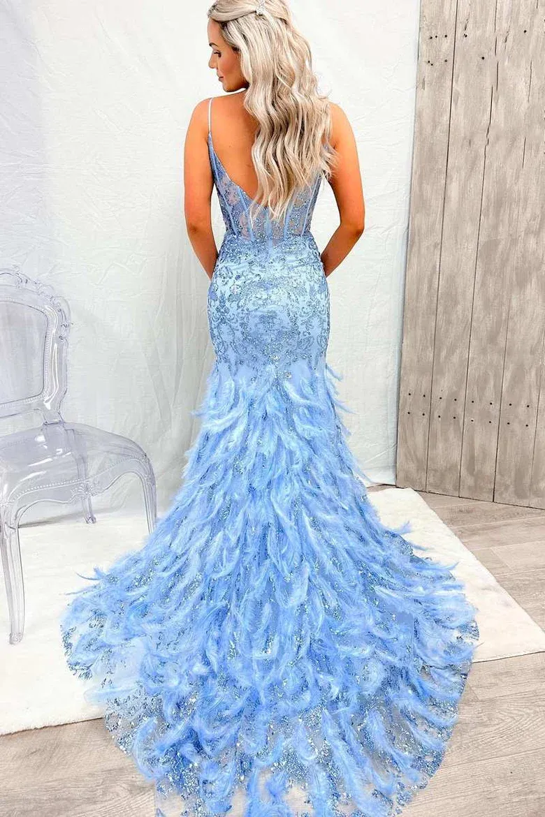 Blue Tulle Sequin V-Neck Mermaid Long Prom Gown with Feathers,DP819