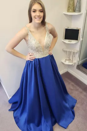 Blue v neck satin long prom dress, blue evening dress