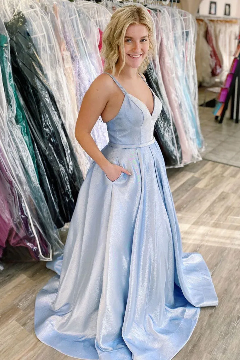 Blue v neck satin long prom dress blue satin evening dress