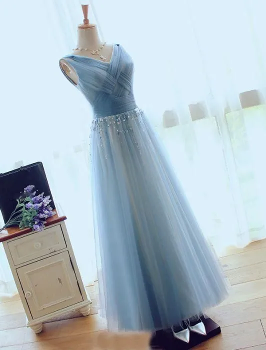 Blue V Neck Tulle Affordable Elegant Formal Long Prom Dresses, WG1007