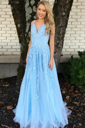 Blue v neck tulle lace long prom dress, blue tulle evening dress