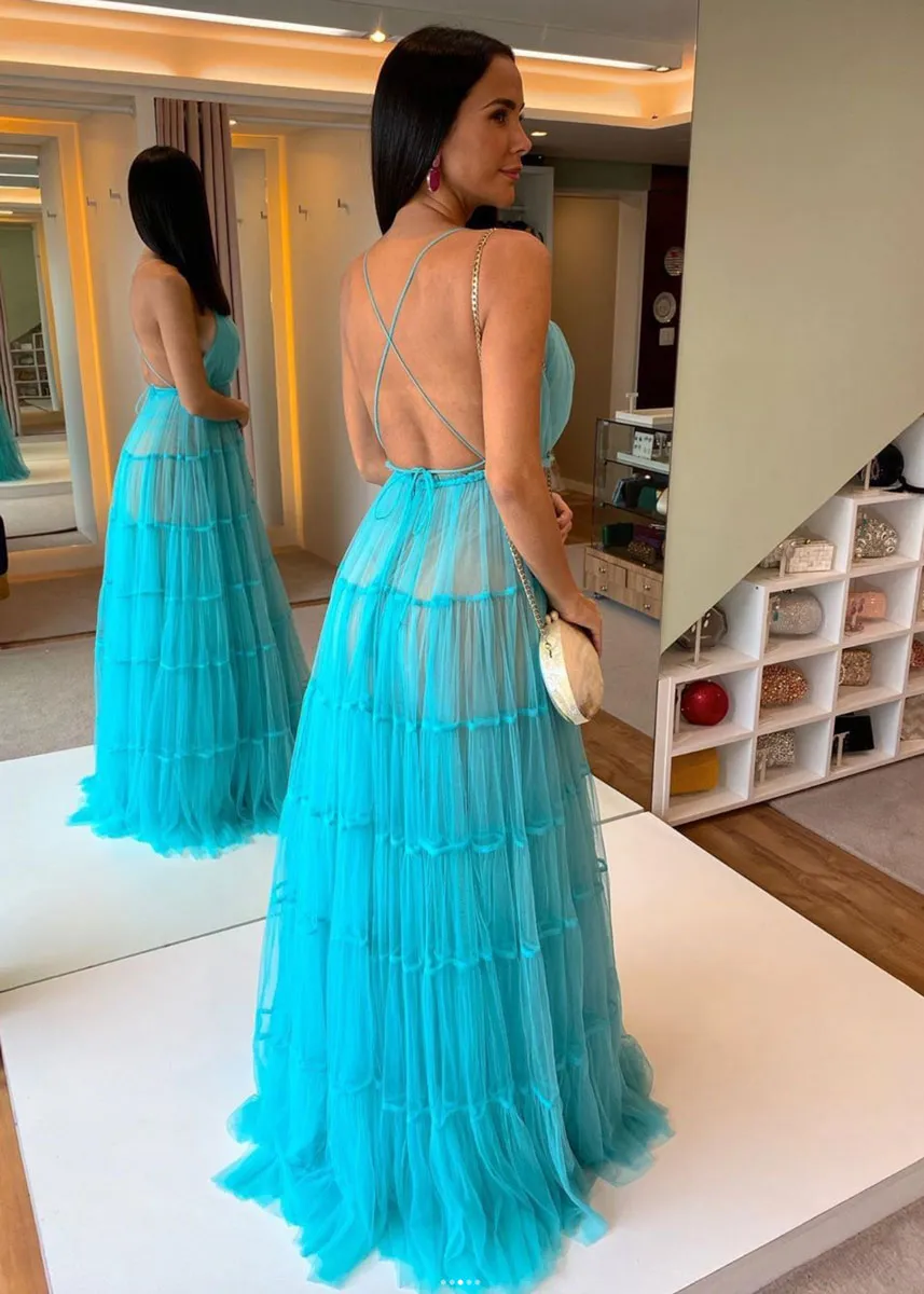 Blue v neck tulle long prom dress, blue tulle formal dress