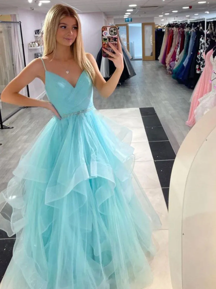 Blue v neck tulle long prom dress, tulle long evening dress