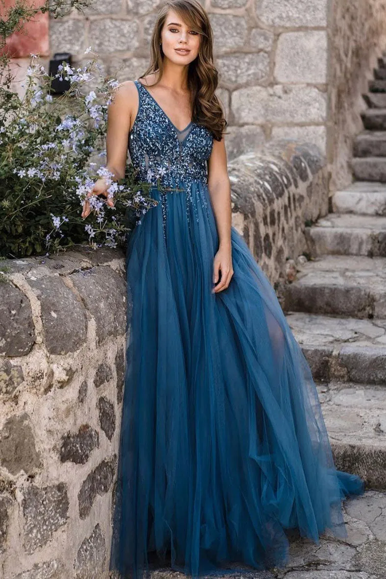 Blue v neck tulle sequin beads long prom dress, blue evening dress