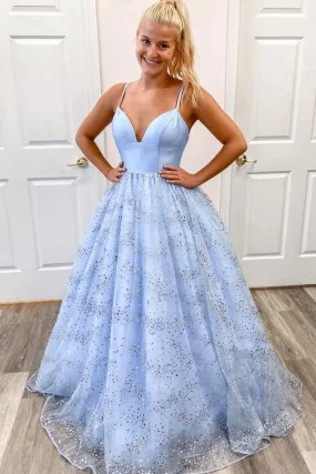 Blue v neck tulle sequin long prom dress blue tulle formal dress