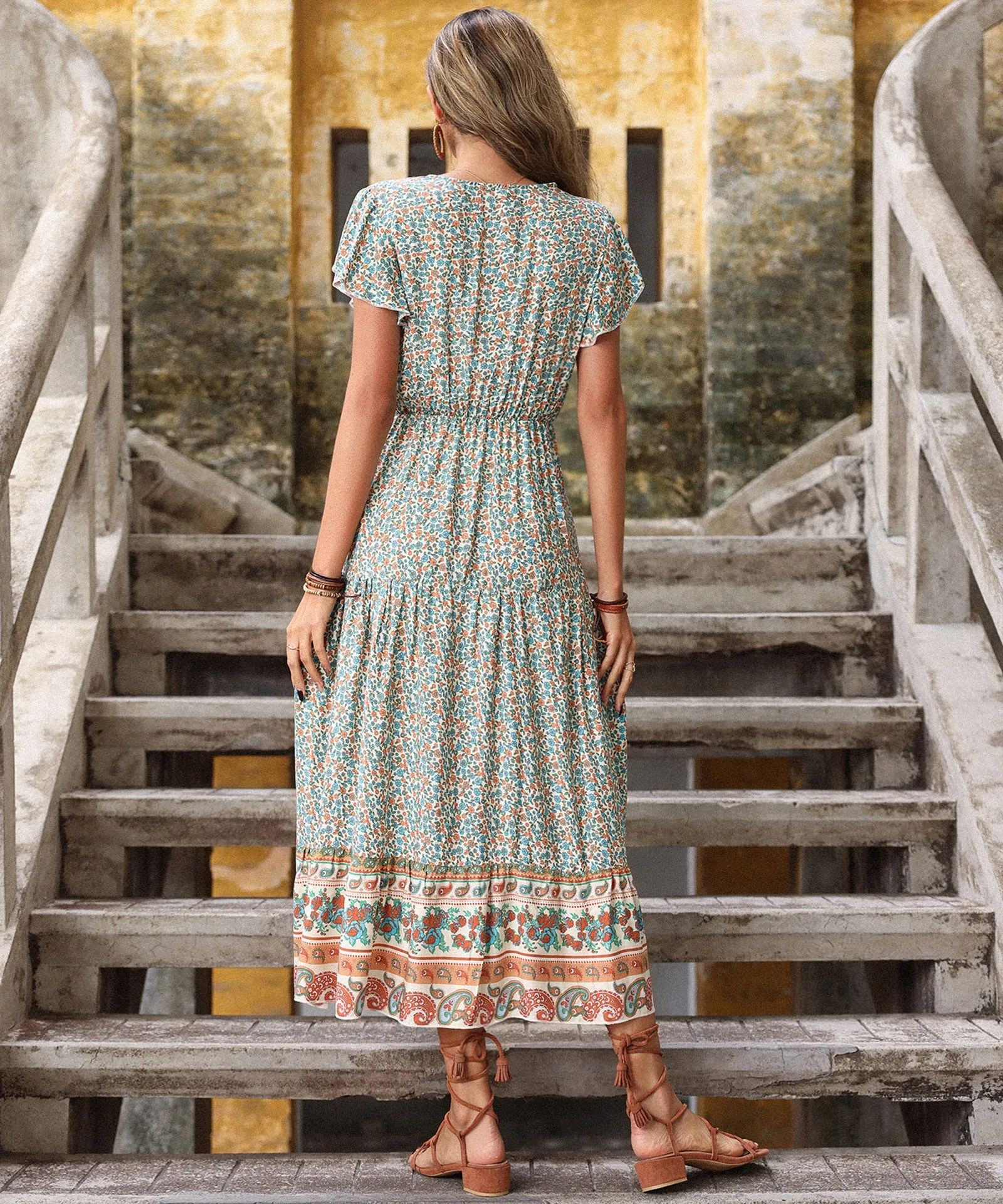 Boho Printed Flare Short Sleeve Lace-Up Ethnic Style Midi Bohemian Dress Wholesale Dresses N5323022200230