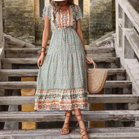 Boho Printed Flare Short Sleeve Lace-Up Ethnic Style Midi Bohemian Dress Wholesale Dresses N5323022200230