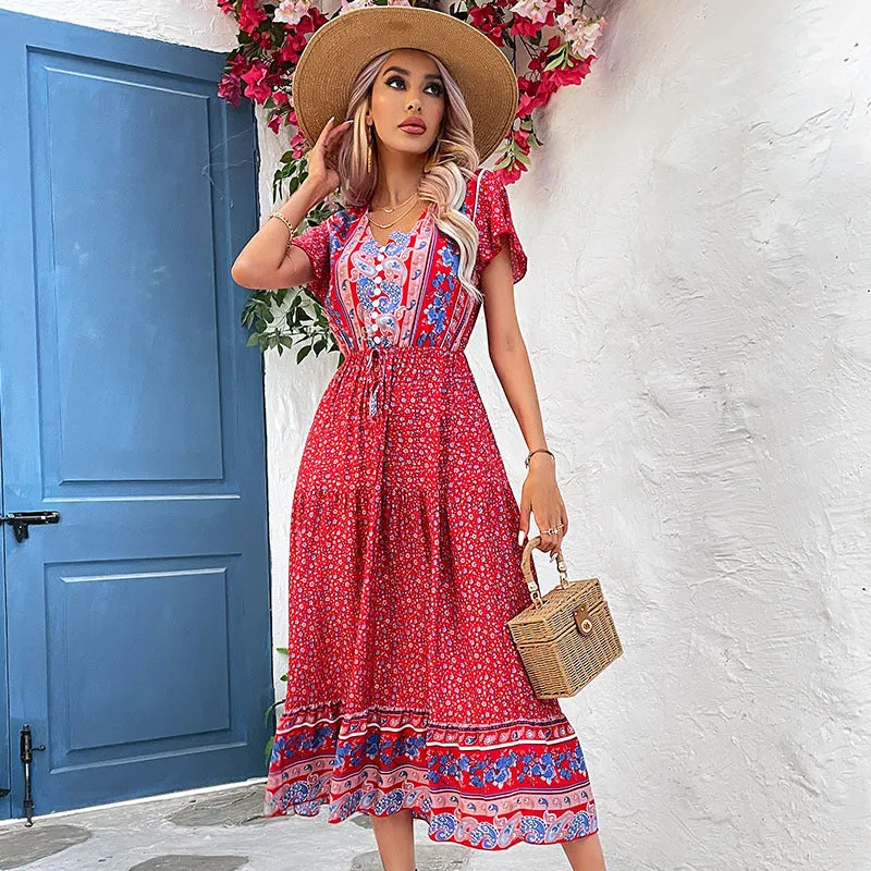 Boho Printed Flare Short Sleeve Lace-Up Ethnic Style Midi Bohemian Dress Wholesale Dresses N5323022200230