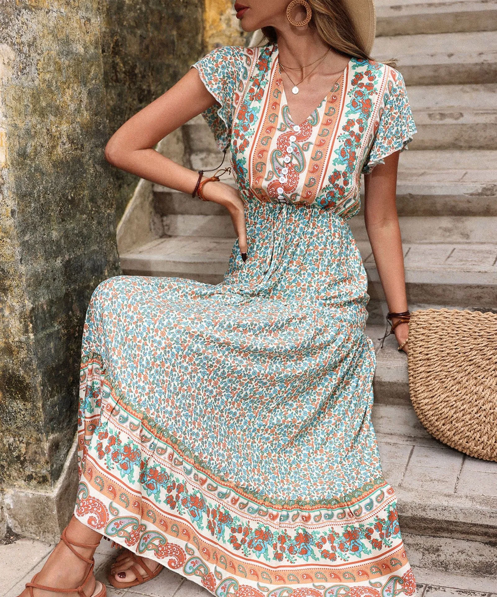 Boho Printed Flare Short Sleeve Lace-Up Ethnic Style Midi Bohemian Dress Wholesale Dresses N5323022200230