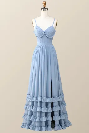 Boho Style Dusty Blue Ruffles Long Party Dress Bridesmaid Dress,DP1817