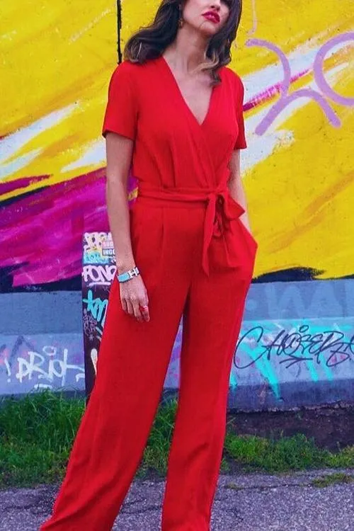 Bow Tie V Neck Short Sleeve Jumpsuit