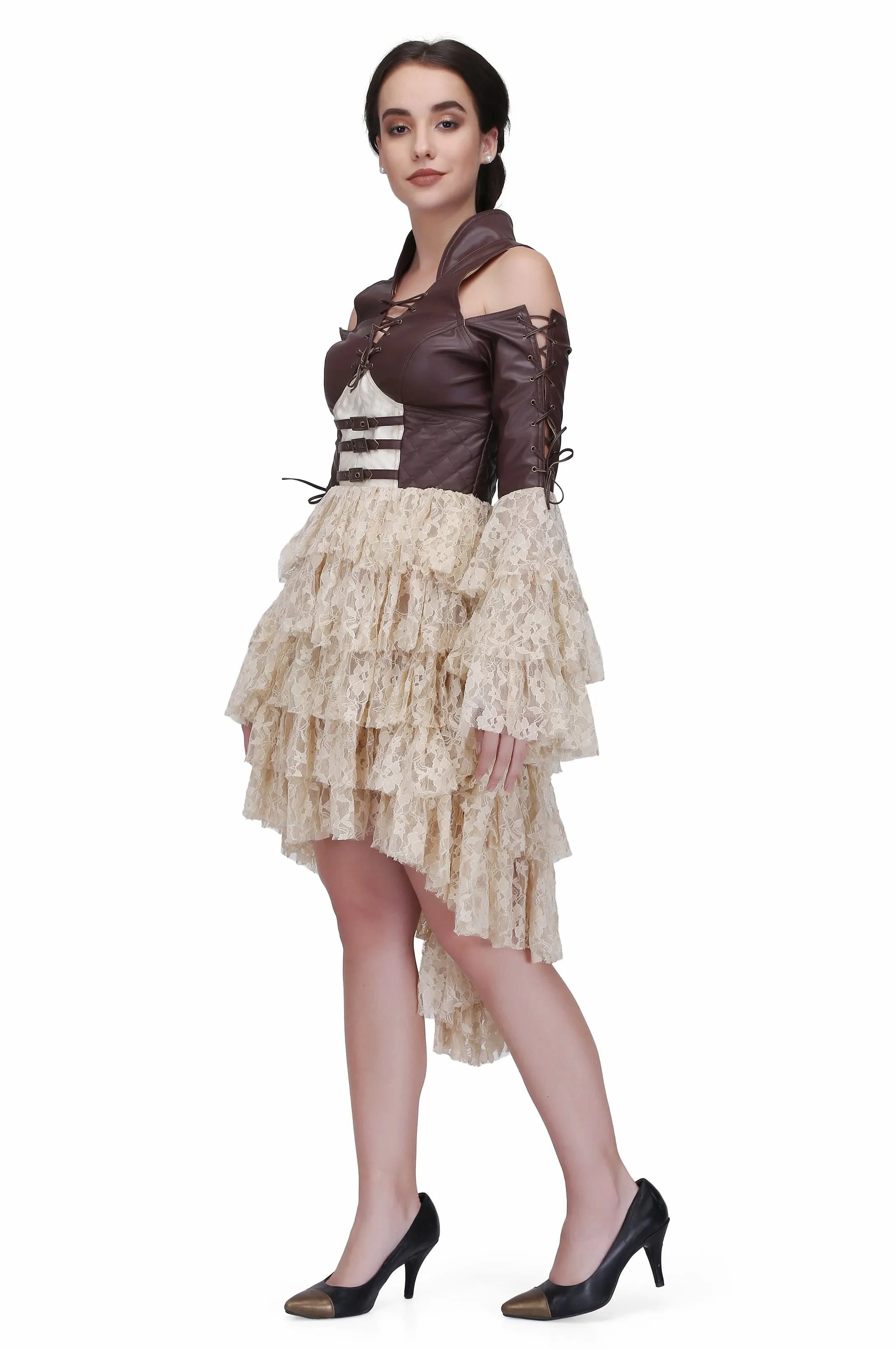 Brown and off white steampunk layered dress