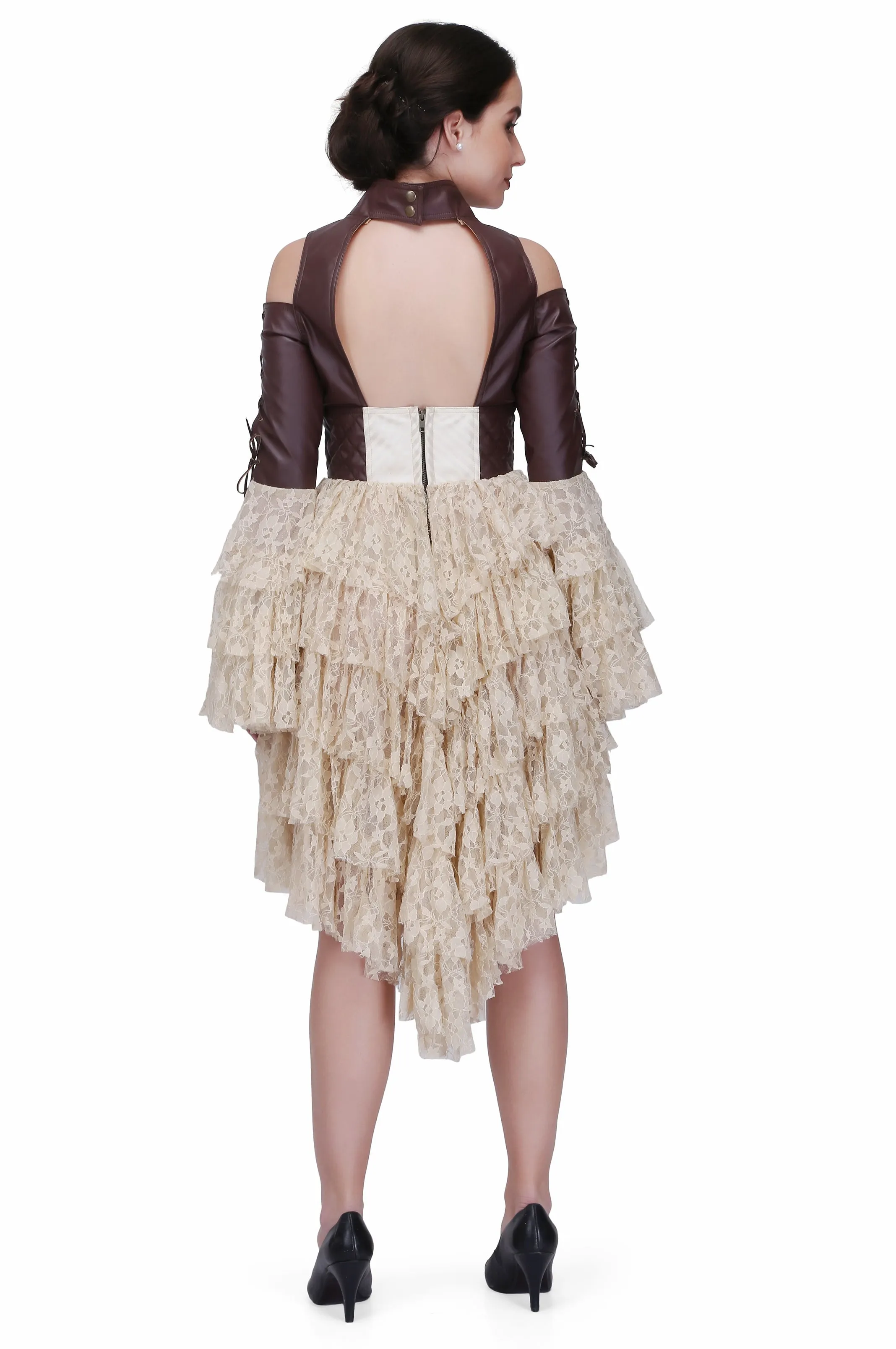 Brown and off white steampunk layered dress