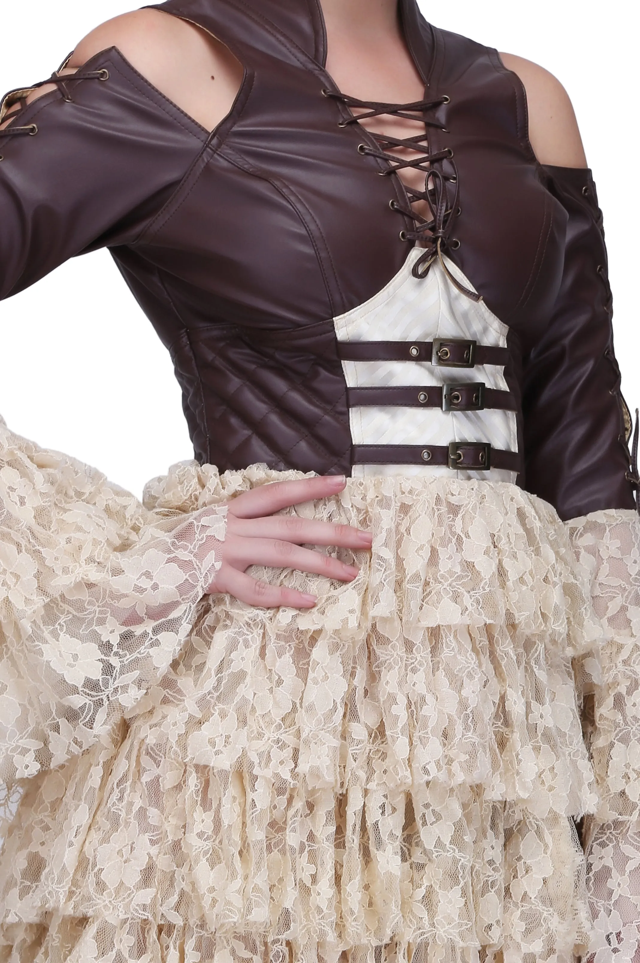 Brown and off white steampunk layered dress