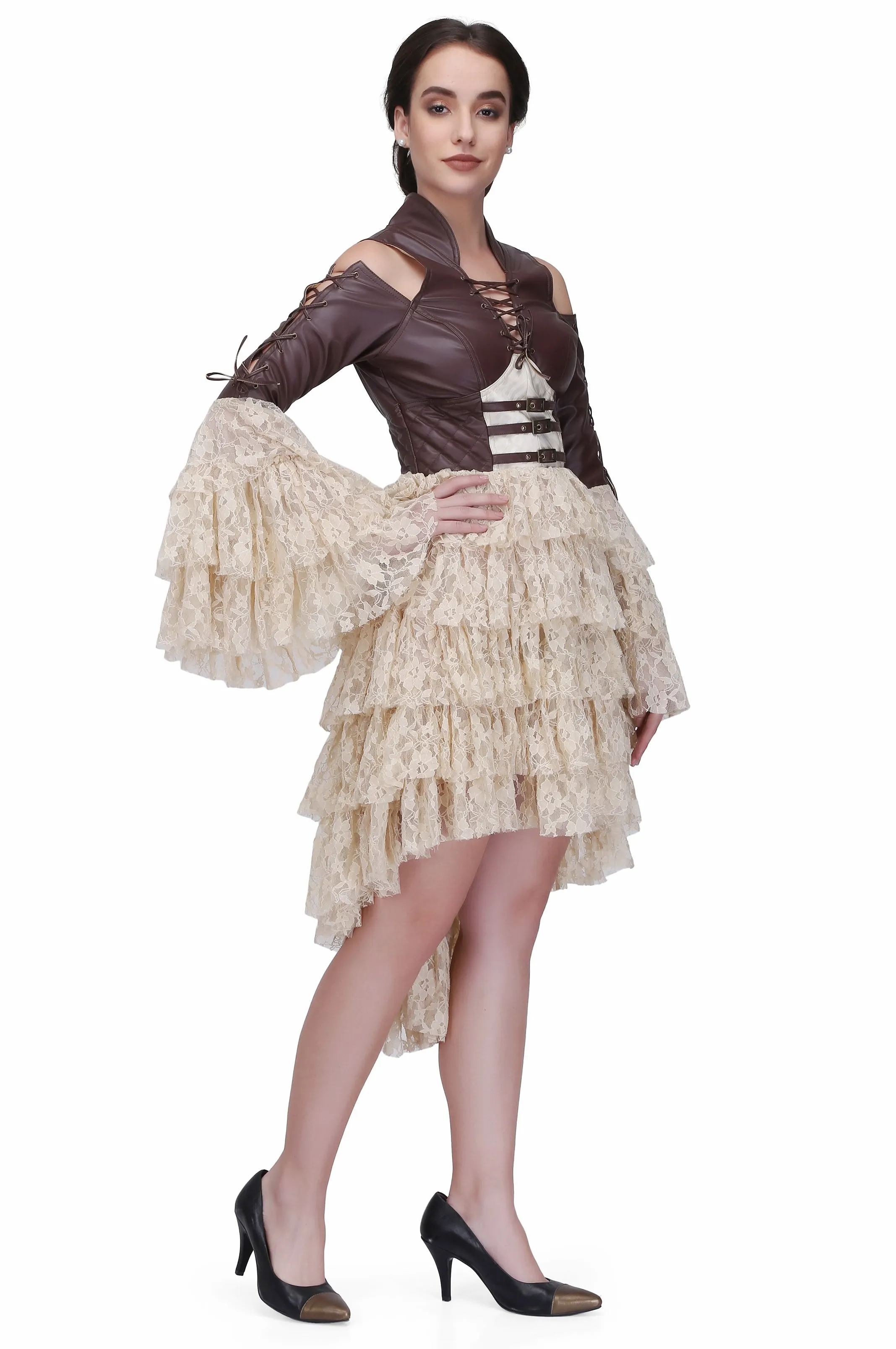 Brown and off white steampunk layered dress