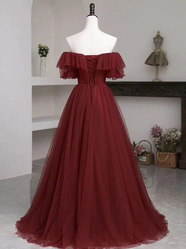 Burgundy A-Line Off Shoulder Tulle Formal Prom Dress Evening Gown,DP1076