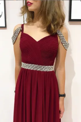 Burgundy chiffon sequin long prom dress, burgundy evening dress