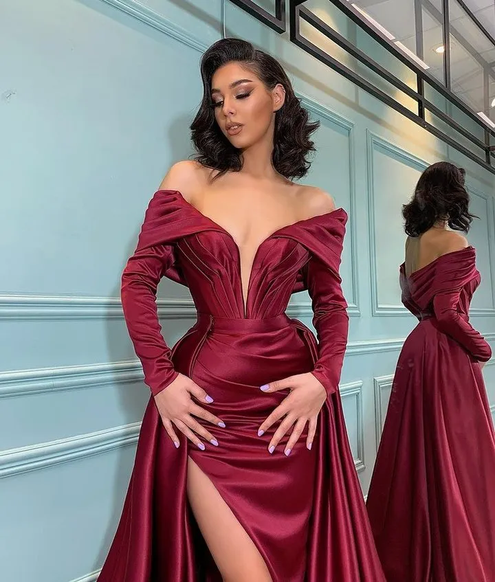 Burgundy Long Sleeve Mermaid Off-the-shoulder Prom Dress with Slit