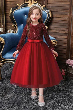 Burgundy Long Sleeve Sequins Tulle Flower Girl Dresses