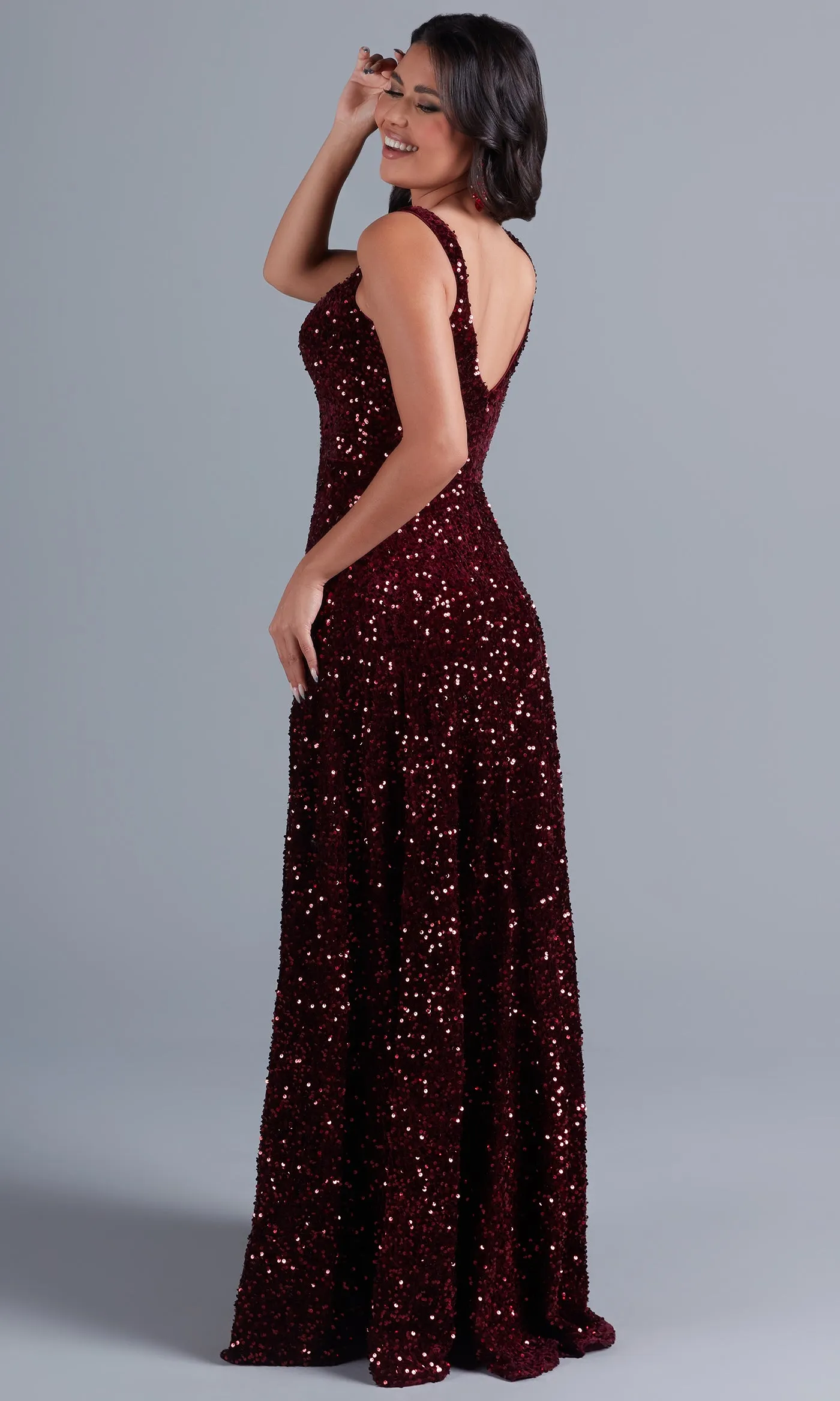 Burgundy Red Long Velvet Formal Dress with Sequins