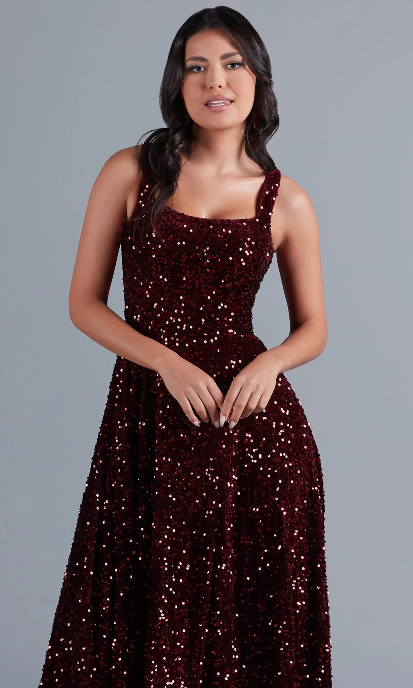 Burgundy Red Long Velvet Formal Dress with Sequins