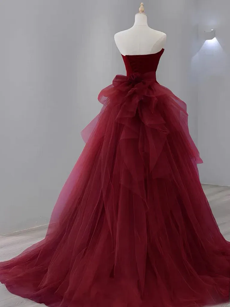 Burgundy Strapless Mermaid Tulle Formal Prom Dress,DP1086