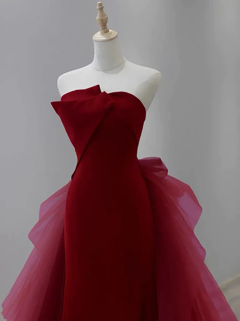 Burgundy Strapless Mermaid Tulle Formal Prom Dress,DP1086