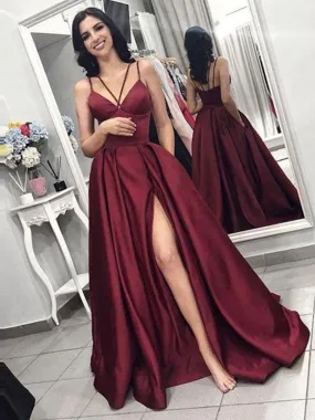 Burgundy V Neck High Slit Prom Dresses, Sleeveless Formal Dresses